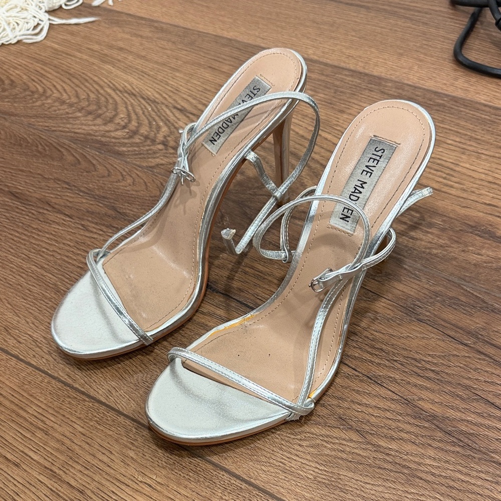 Steve Madden Metallic Silver Strappy Stiletto Sandals
